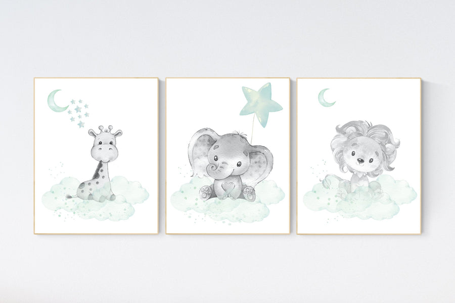 Nursery decor elephant, lion nursery, animal nursery prints, mint nursery, baby room wall decor, woodland animal prints, mint green, giraffe