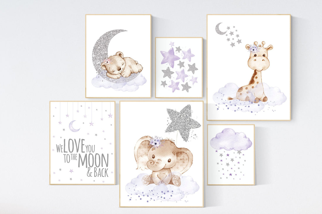 Nursery decor girl, lilac and silver nursery, animal nursery, we love you to the moon and back, purple silver, lavender nursery, animals