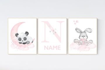 Nursery decor girl, panda nursery, bunny nursery, pink and gray nursery wall art, panda nursery print, nursery decor animal, rabbit
