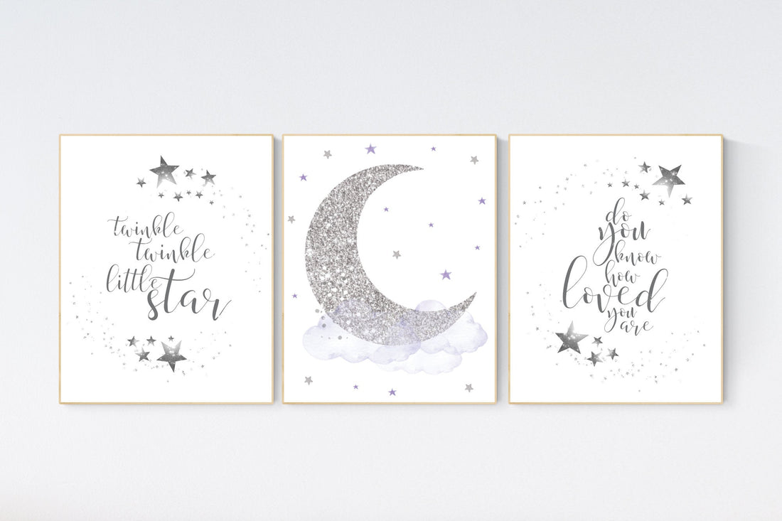 Twinkle twinkle little star, purple silver, lilac silver, baby room decor girl, lavender, cloud and stars, baby room, girl room ideas
