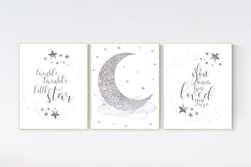 Twinkle twinkle little star, purple silver, lilac silver, baby room decor girl, lavender, cloud and stars, baby room, girl room ideas