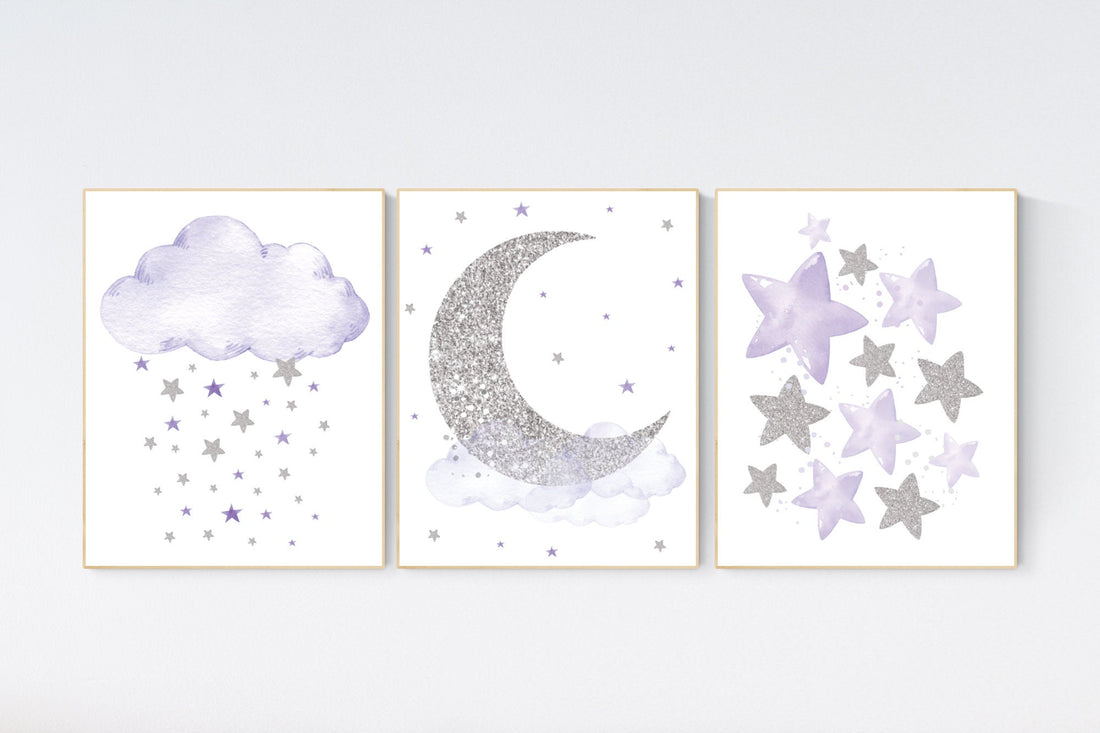 Nursery decor girl, moon and stars, Purple silver, lilac silver, baby room decor girl, lavender, cloud and stars, baby room, girl room ideas