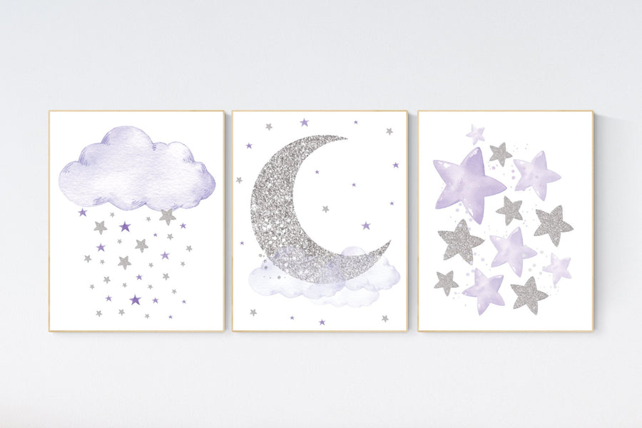 Nursery decor girl, moon and stars, Purple silver, lilac silver, baby room decor girl, lavender, cloud and stars, baby room, girl room ideas