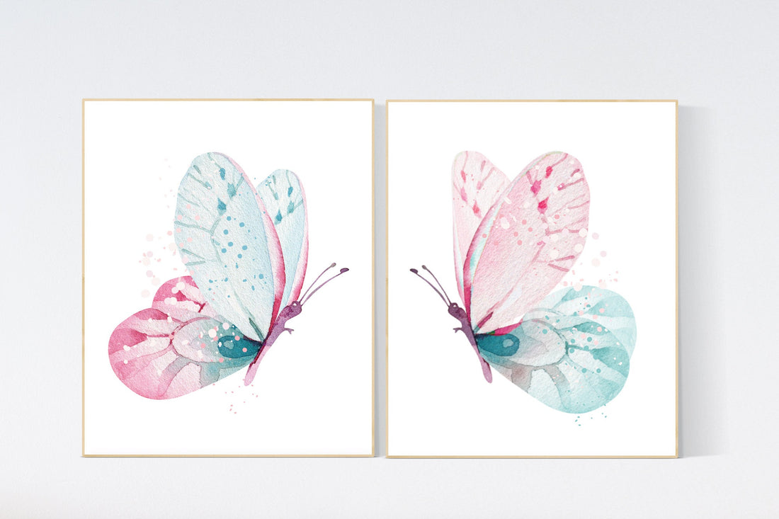 Nursery decor girl butterfly, pink and teal nursery, pink teal nursery, girl room prints, nursery wall decor, butterfly wall art pink