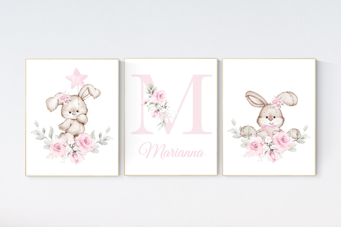 Nursery wall art bunny, pink nursery decor, Nursery decor girl flower bunny, bunny print nursery girl, rabbit nursery, rabbit print nursery