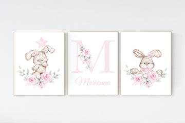 Nursery wall art bunny, pink nursery decor, Nursery decor girl flower bunny, bunny print nursery girl, rabbit nursery, rabbit print nursery