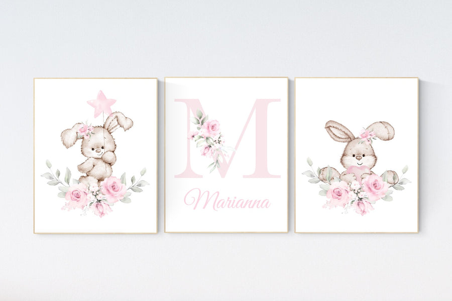 Nursery wall art bunny, pink nursery decor, Nursery decor girl flower bunny, bunny print nursery girl, rabbit nursery, rabbit print nursery