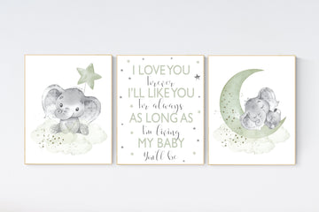 Elephant nursery, sage green nursery decor, gender neutral prints, mint nursery wall art, elephant prints, animal nursery wall art, neutral
