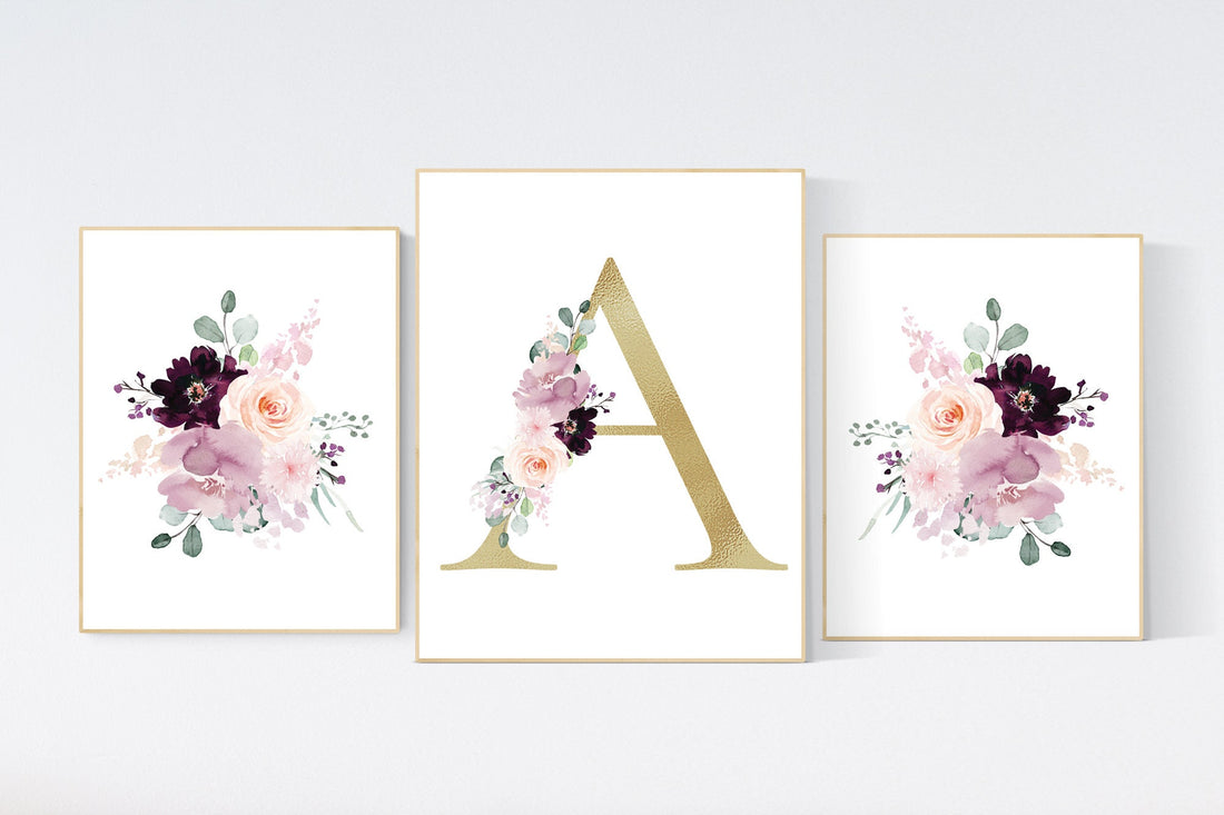 Nursery decor girl purple, mauve, Burgundy, floral nursery, flower nursery, butterfly, nursery prints girl, nursery wall decor girl, name