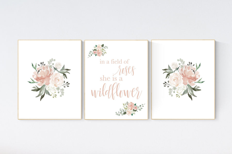 In a field of roses she is a wildflower, Nursery decor girl blush, nursery decor girl floral, blush nursery decor flower nursery,