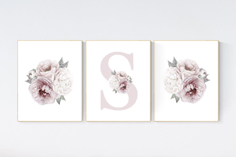 Nursery decor girl flower, floral nursery, peony nursery, Dusty Rose, peony flower, girl nursery wall decor, set of 3 prints, name print