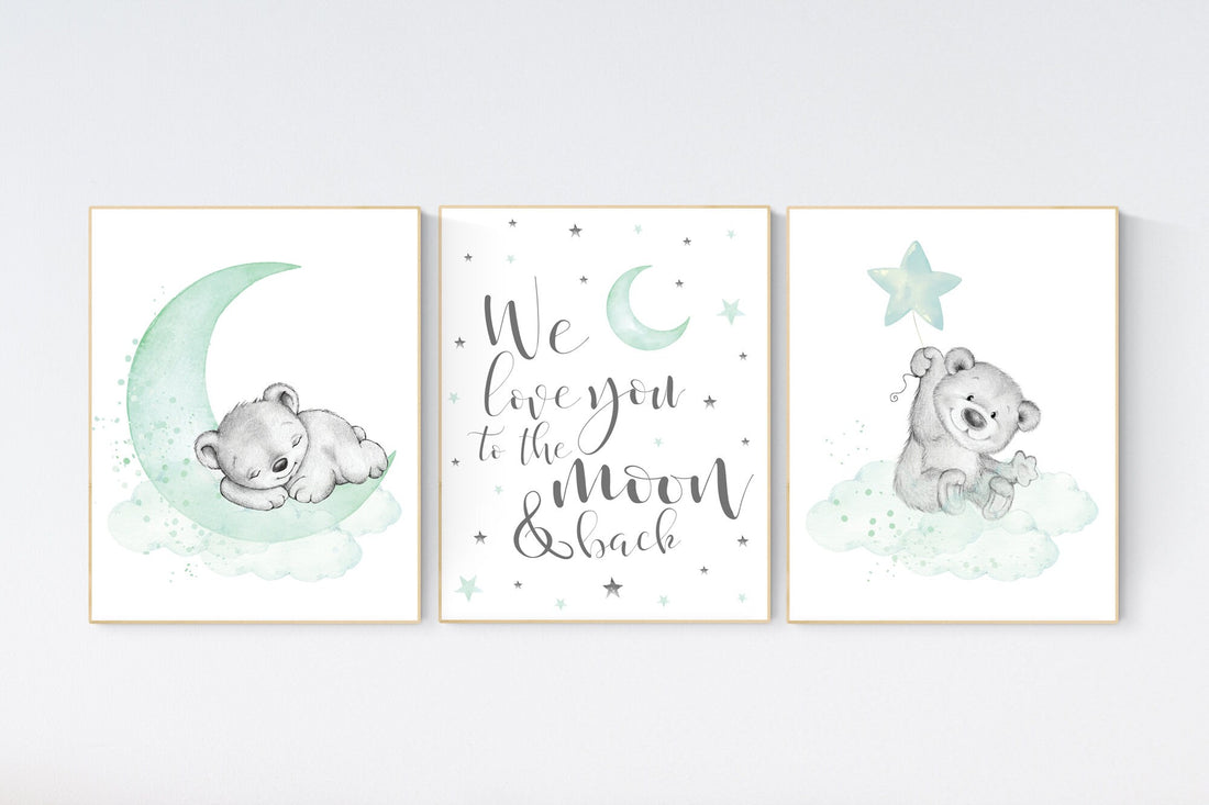 Nursery wall art animals, Nursery wall art mint and gray, baby room decor mint and gray, woodland, jungle, elephant, giraffe, bear, prints