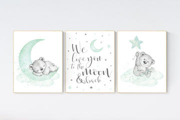 Nursery wall art animals, Nursery wall art mint and gray, baby room decor mint and gray, woodland, jungle, elephant, giraffe, bear, prints