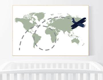 Green nursery, sage world map, World map nursery, adventure theme, world map wall art nursery, olive green nursery, travel theme