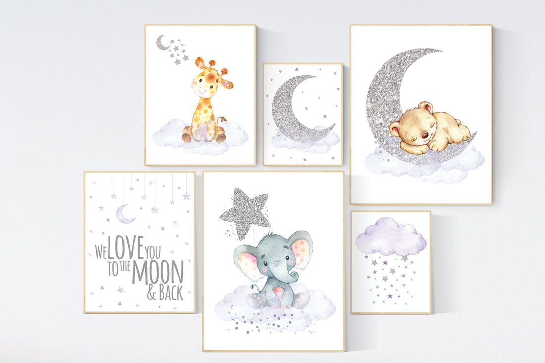 Nursery wall art girl, animal nursery, lilac and silver nursery, we love you to the moon and back, purple silver, lavender nursery, animals