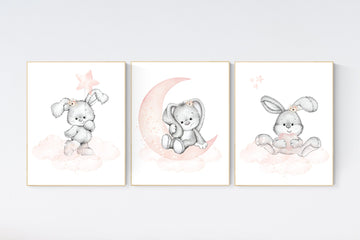 Nursery wall art bunny, blush nursery decor, Nursery decor girl flower bunny, bunny print nursery girl, rabbit nursery, rabbit print nursery