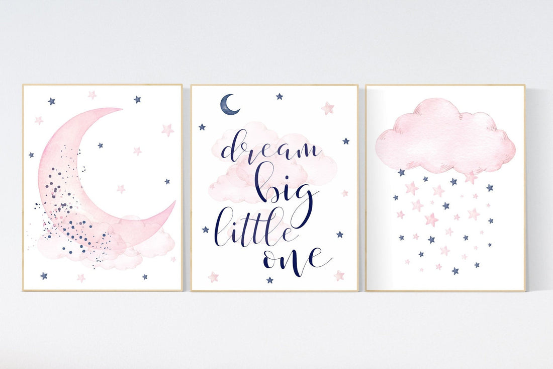 Nursery decor, pink and navy nursery art, navy pink, stars, moon, cloud, twin nursery, gender neutral, dream big little one