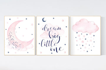 Nursery decor, pink and navy nursery art, navy pink, stars, moon, cloud, twin nursery, gender neutral, dream big little one