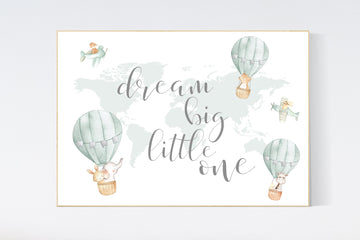 Hot air balloon nursery, Nursery decor neutral, gender neutral, animal nursery, woodland animals, sage green, green nursery, animal prints