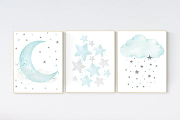 Nursery decor teal, teal nursery wall decor, stars, nursery decor gender neutral, moon nursery, moon, star, cloud nursery, gender neutral