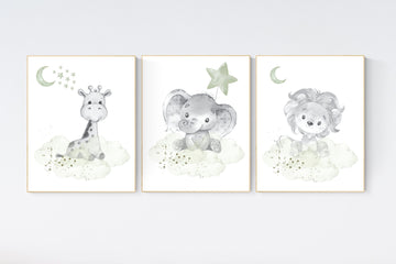 Nursery decor gender neutral, Sage green, elephant, giraffe, lion, gender neutral prints, animal prints, green nursery, baby room prints