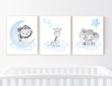 Nursery wall art animals, baby room decor blue, baby room decor, lion, elephant, giraffe, animal nursery decor, nursery prints boy room