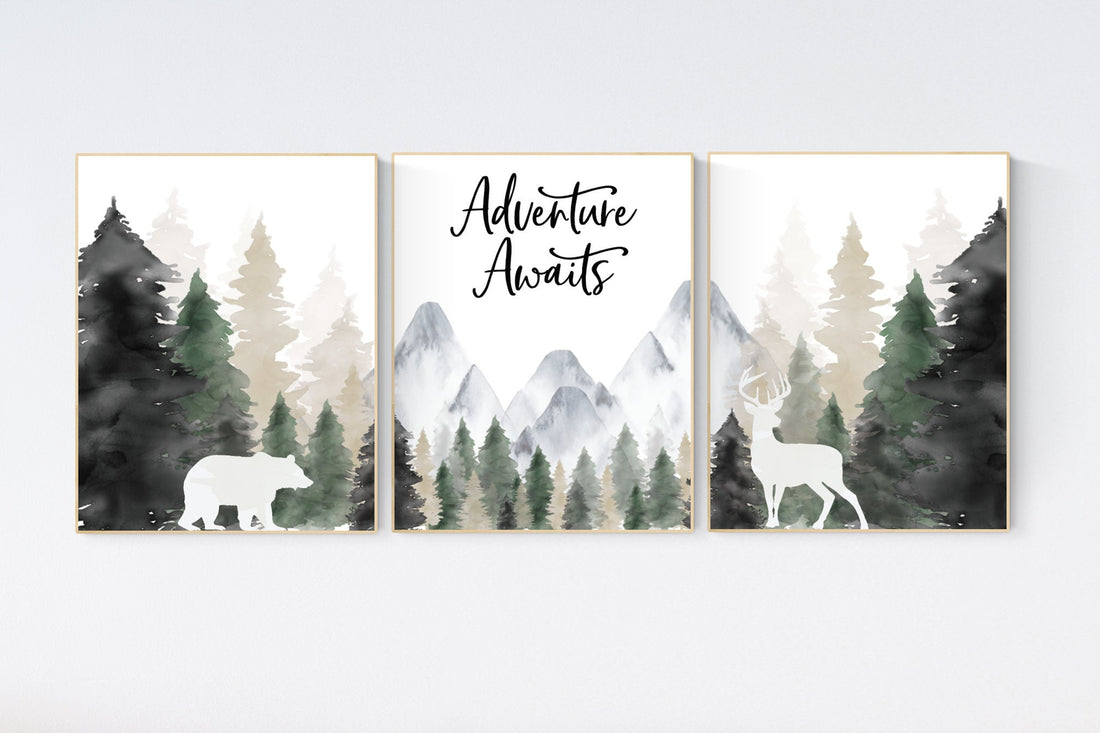 Nursery decor woodland, mountain wall art, tree nursery decor, adventure theme nursery, forest, sage green, beige, woodland animals