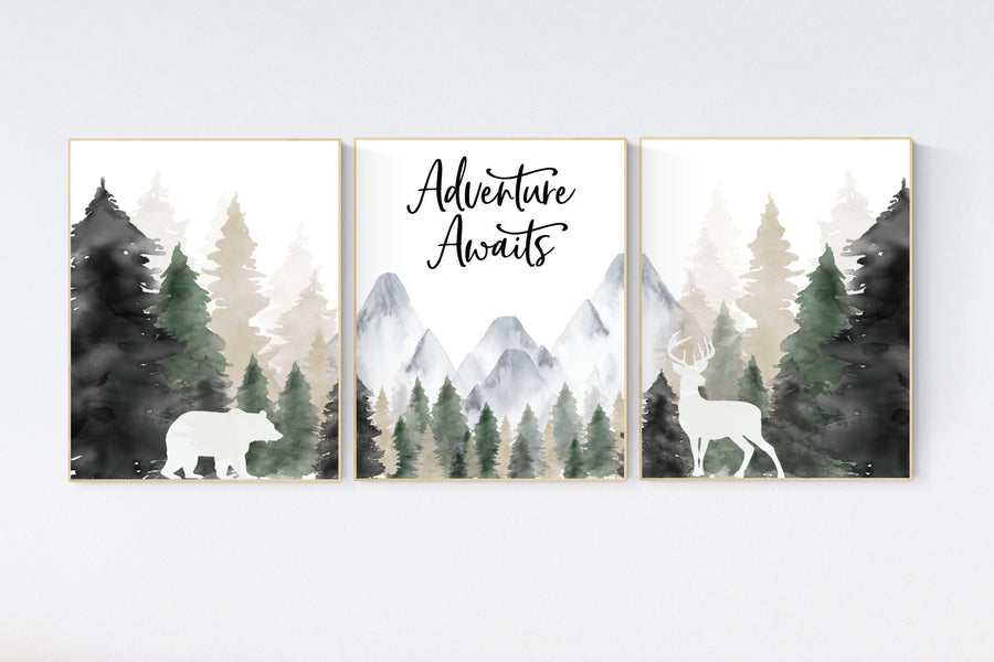 Nursery decor woodland, mountain wall art, tree nursery decor, adventure theme nursery, forest, sage green, beige, woodland animals