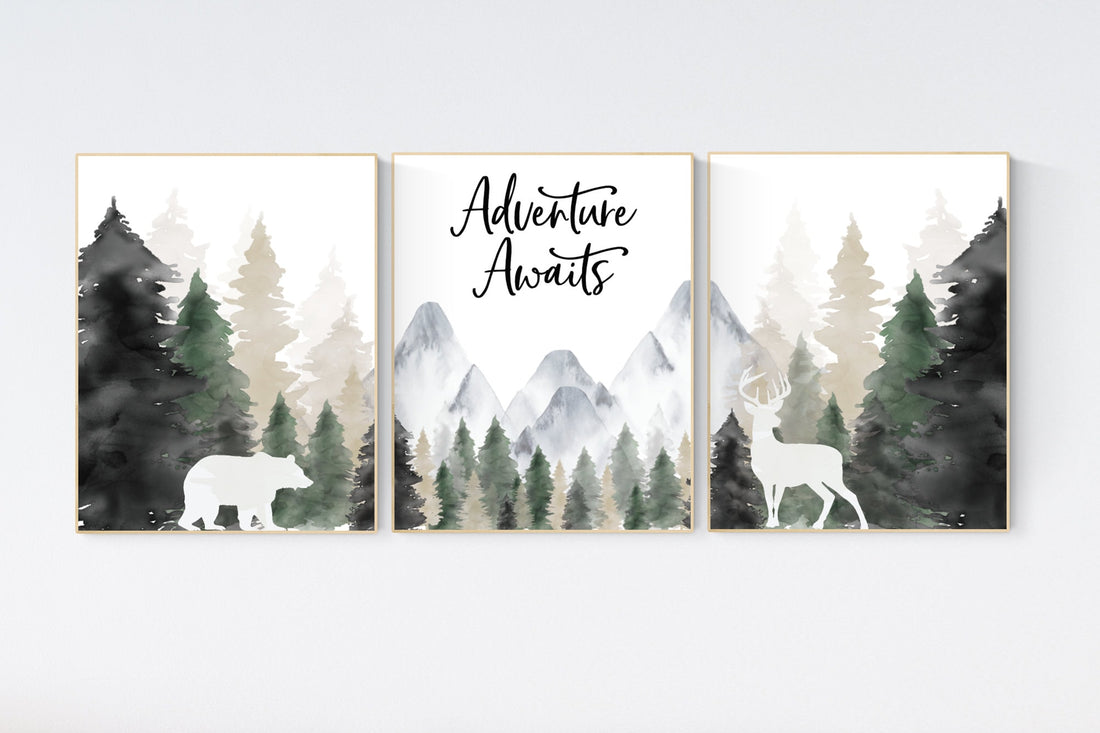 Nursery decor woodland, mountain wall art, tree nursery decor, adventure theme nursery, forest, sage green, beige, woodland animals