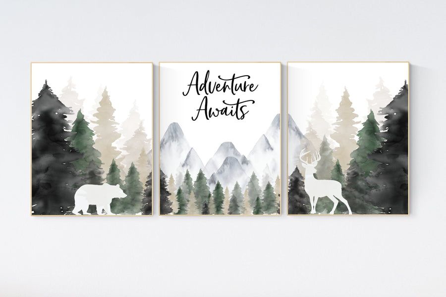 Nursery decor woodland, mountain wall art, tree nursery decor, adventure theme nursery, forest, sage green, beige, woodland animals