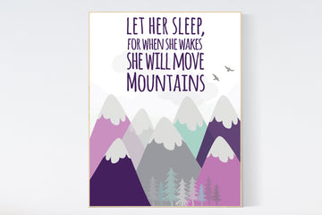 Nursery decor girl adventure, mountain nursery decor, mountain nursery, purple nursery, adventure nursery, let her sleep for when she wakes