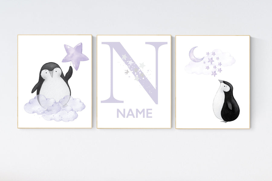 Penguin nursery, purple nursery art, baby room wall art, arctic themed nursery, arctic animals, lilac, lavender, nursery prints girl, art