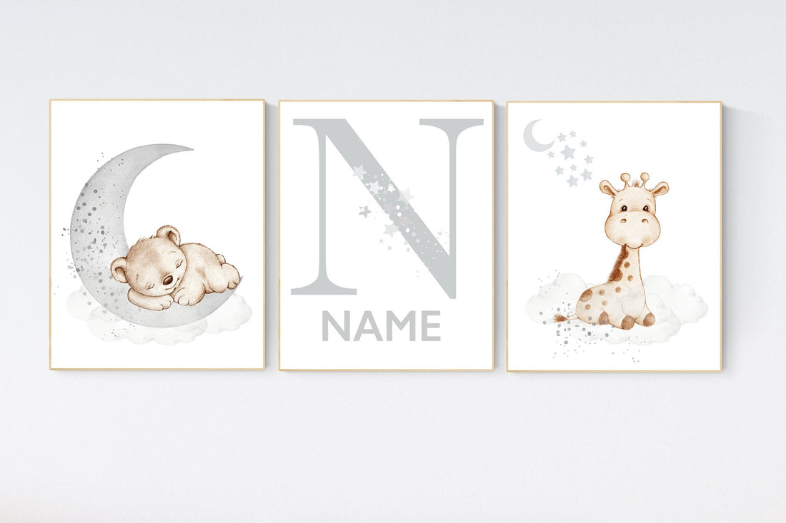 Nursery wall art animals, gray nursery, gender neutral nursery, neutral nursery, baby room decor, bear, giraffe, animal prints, name nursery