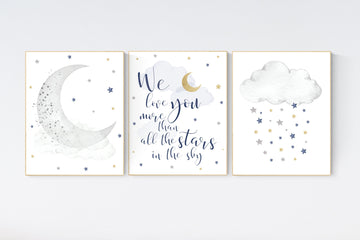 Navy nursery decor, cloud and stars, moon and stars, navy gold nursery art. baby room wall art, boy nursery decor, set of 3, nursery art