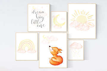 Nursery decor gender neutral, Yellow and pink nursery, moon and stars nursery, gender neutral nursery, rainbow decor, fox nursery decor