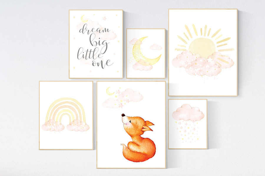 Nursery decor gender neutral, Yellow and pink nursery, moon and stars nursery, gender neutral nursery, rainbow decor, fox nursery decor