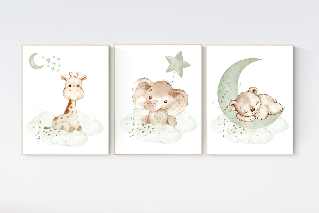 Nursery Animal Prints: Sage Green Bear, Elephant, Giraffe
