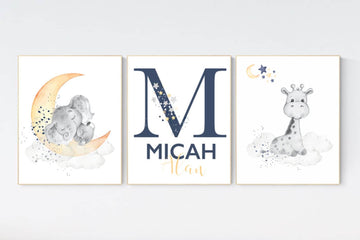 Elephant nursery, Navy yellow nursery decor, navy and yellow nursery art, baby room wall art, boy nursery wall decor, nursery prints boy