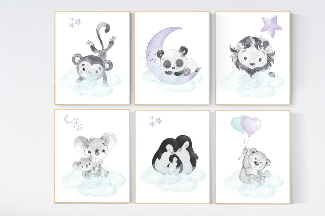 Animal nursery prints, Purple teal nursery, nursery decor girl, animal prints, purple nursery, baby nursery room decor, girl nursery