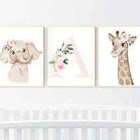 Set of 3 Safari Floral Animals, Nursery Prints, Nursery Decor, Girls Nursery Decor, Safari Nursery, jungle animals, Woodland Prints