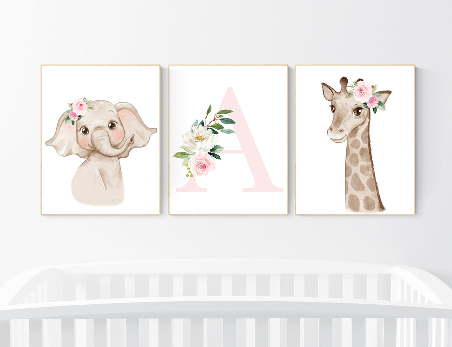 Set of 3 Safari Floral Animals, Nursery Prints, Nursery Decor, Girls Nursery Decor, Safari Nursery, jungle animals, Woodland Prints