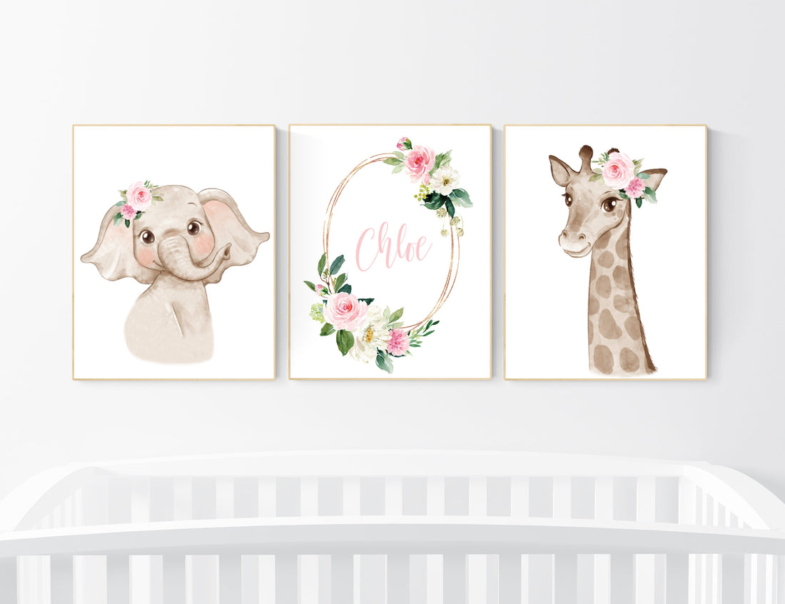 Safari Floral Animals, Nursery Prints, Nursery Decor, Girls Nursery Decor, Safari Nursery, jungle animals, Woodland Prints, set of 3