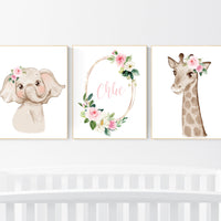 Safari Floral Animals, Nursery Prints, Nursery Decor, Girls Nursery Decor, Safari Nursery, jungle animals, Woodland Prints, set of 3