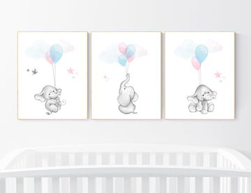 Nursery decor elephant, twin nursery, gender neutral nursery decor, pink blue, nursery wall art animals, elephant balloon, twins nursery