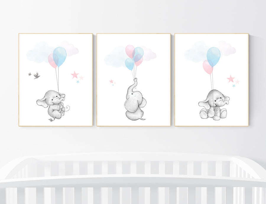 Nursery decor elephant, twin nursery, gender neutral nursery decor, pink blue, nursery wall art animals, elephant balloon, twins nursery