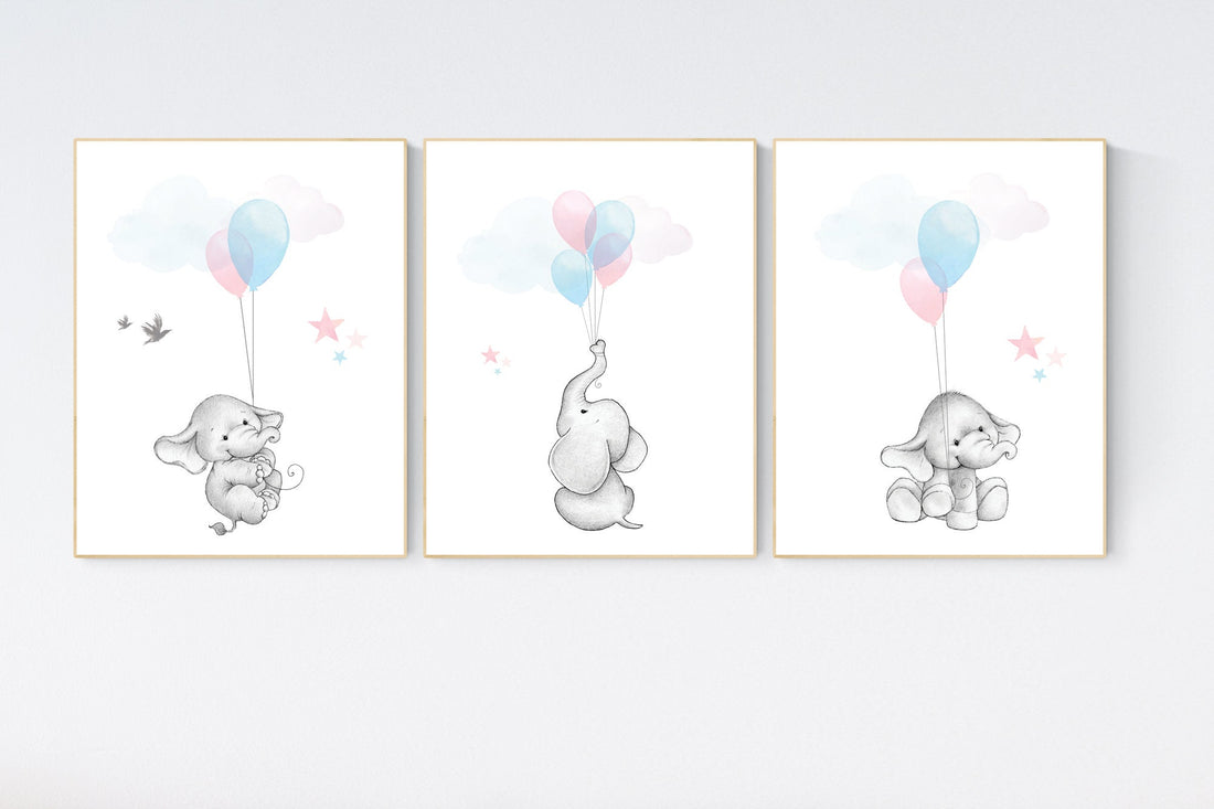 Nursery decor elephant, twin nursery, gender neutral nursery decor, pink blue, nursery wall art animals, elephant balloon, twins nursery
