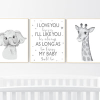 Nursery wall art animals, grey nursery, gender neutral nursery, neutral nursery, baby room decor, elephant, giraffe, gray nursery, quote