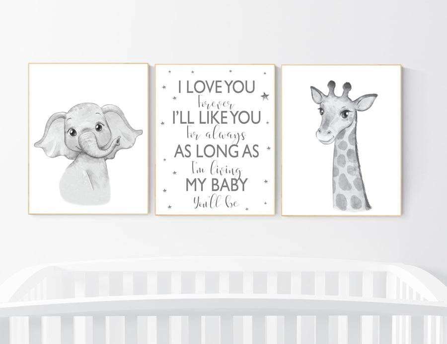 Nursery wall art animals, grey nursery, gender neutral nursery, neutral nursery, baby room decor, elephant, giraffe, gray nursery, quote