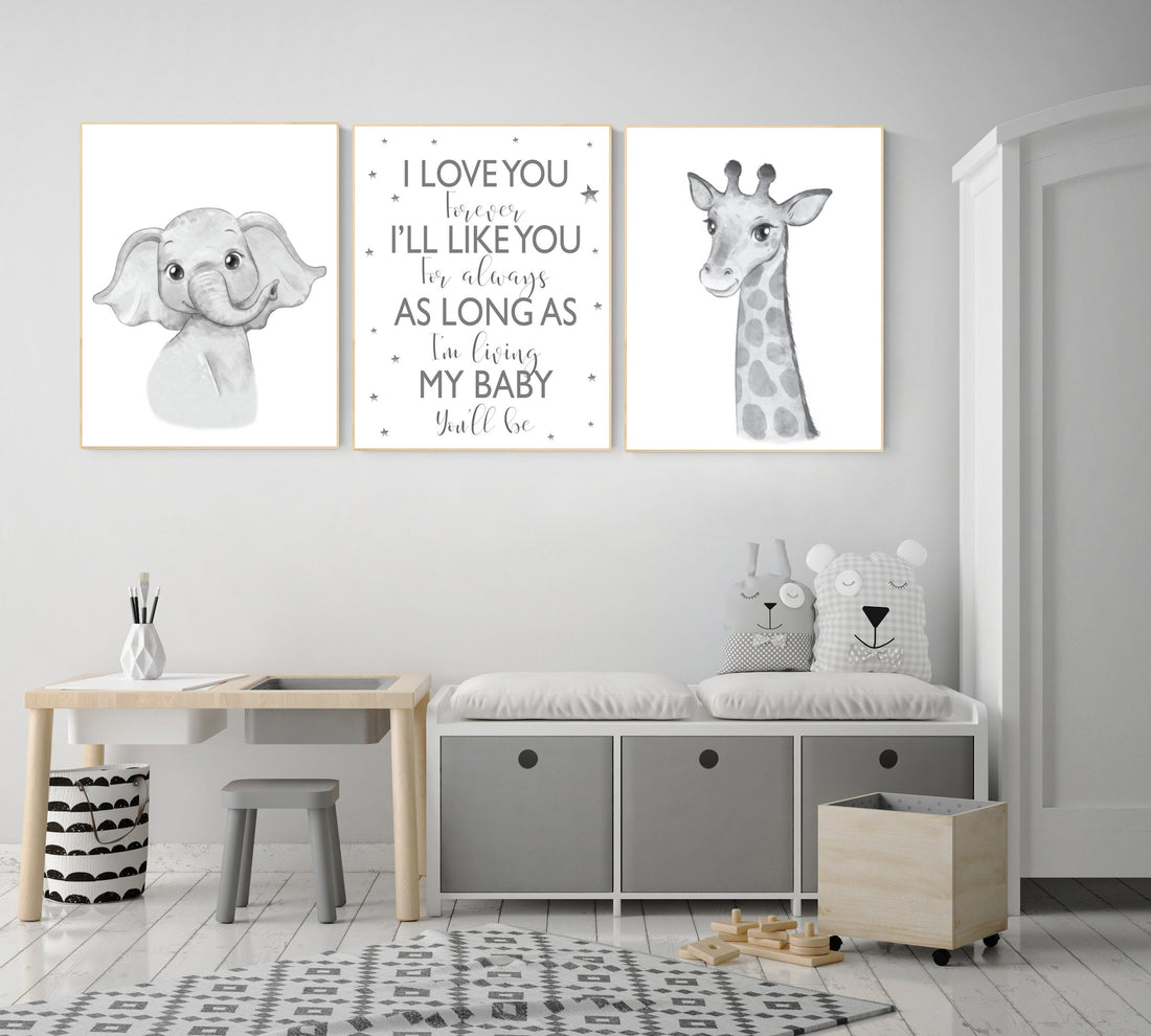 Nursery wall art animals, grey nursery, gender neutral nursery, neutral nursery, baby room decor, elephant, giraffe, gray nursery, quote