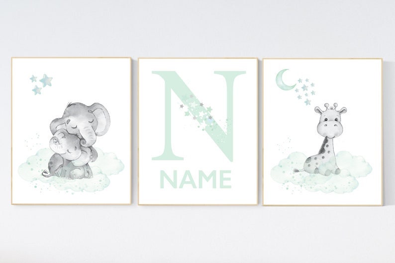Mint nursery decor, elephant nursery, name print, giraffe nursery, mint green nursery, moon and stars nursery, gender neutral nursery